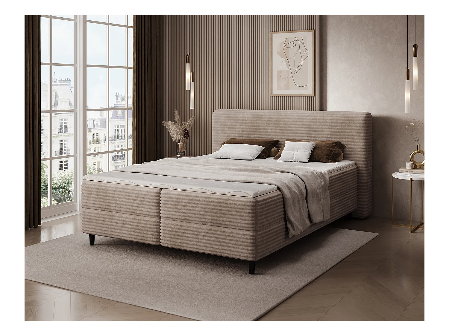 Box spring lit Magnolia/sommier tapissier/housse en tissu peluche/Marron