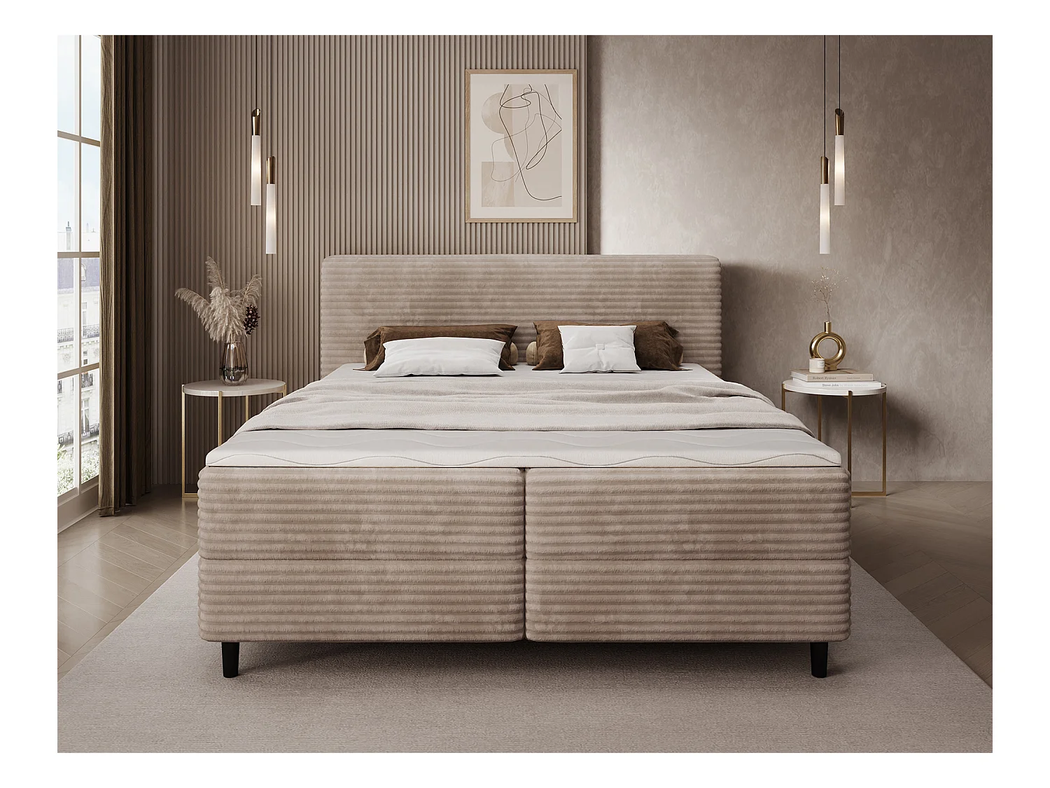 Box spring lit Magnolia/sommier tapissier/housse en tissu peluche/Marron