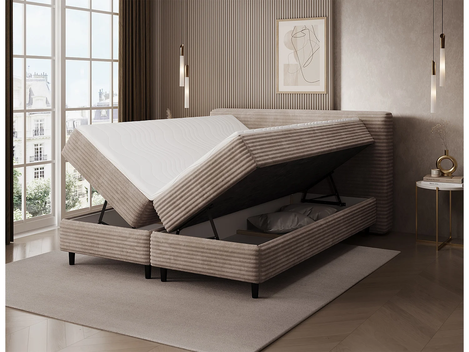 Box spring lit Magnolia/sommier tapissier/housse en tissu peluche/Marron