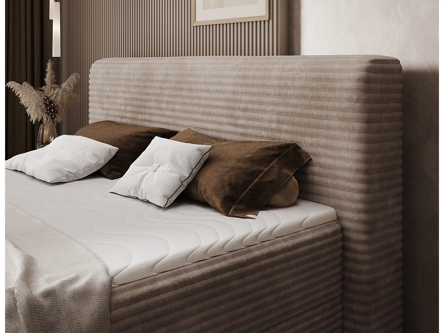 Box spring lit Magnolia/sommier tapissier/housse en tissu peluche/Marron