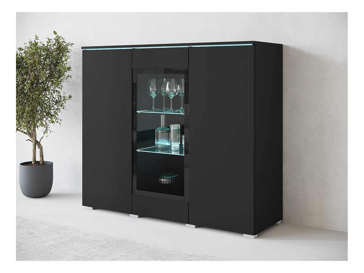 Vitrine haute moderne 120 cm pour salon avec LED, 3 portes, noir mat