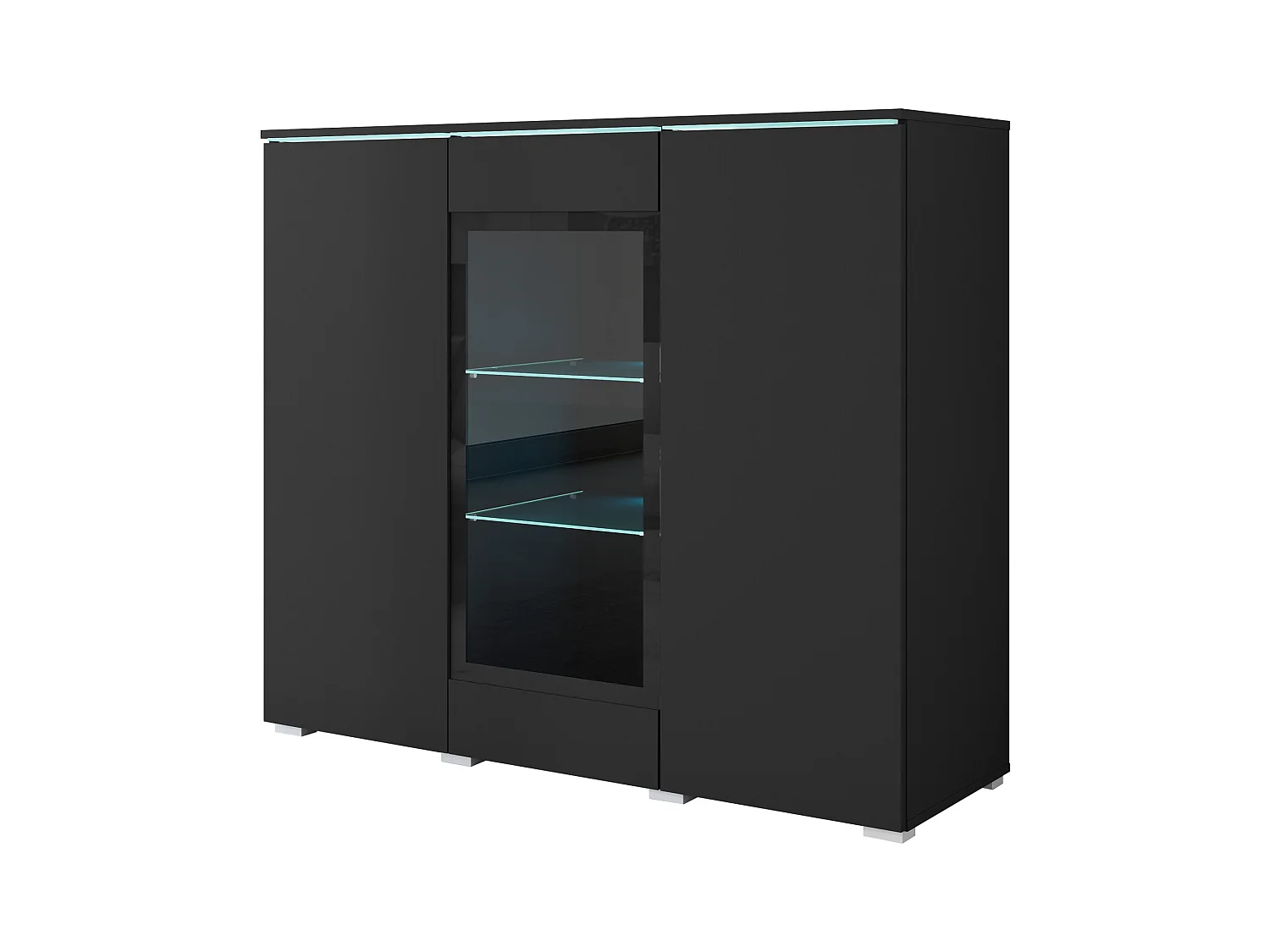 Vitrine haute moderne 120 cm pour salon avec LED, 3 portes, noir mat