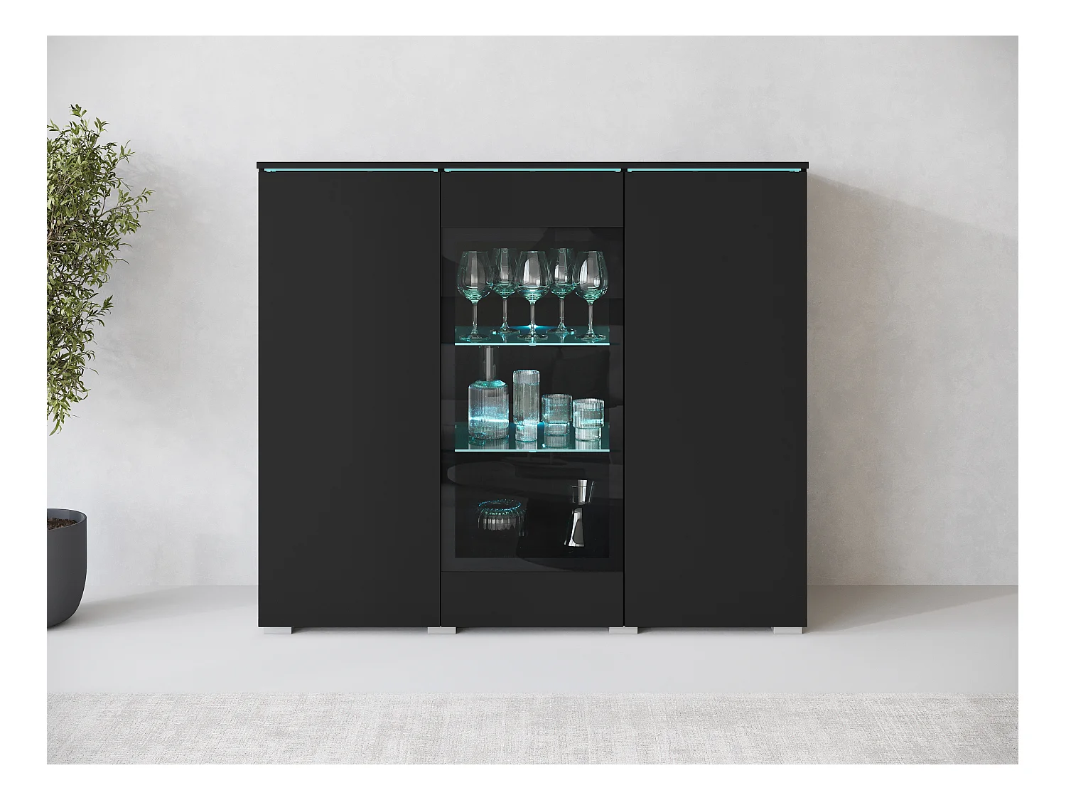 Vitrine haute moderne 120 cm pour salon avec LED, 3 portes, noir mat