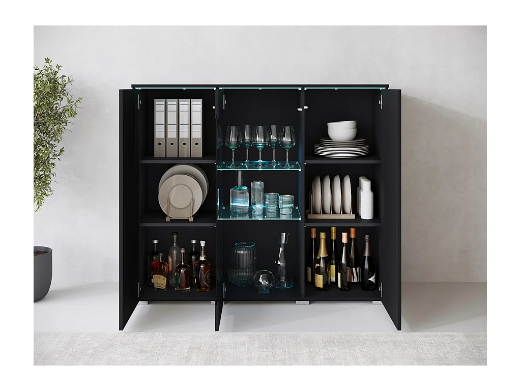 Vitrine haute moderne 120 cm pour salon avec LED, 3 portes, noir mat