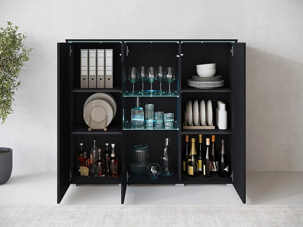 Vitrine haute moderne 120 cm pour salon avec LED, 3 portes, noir mat