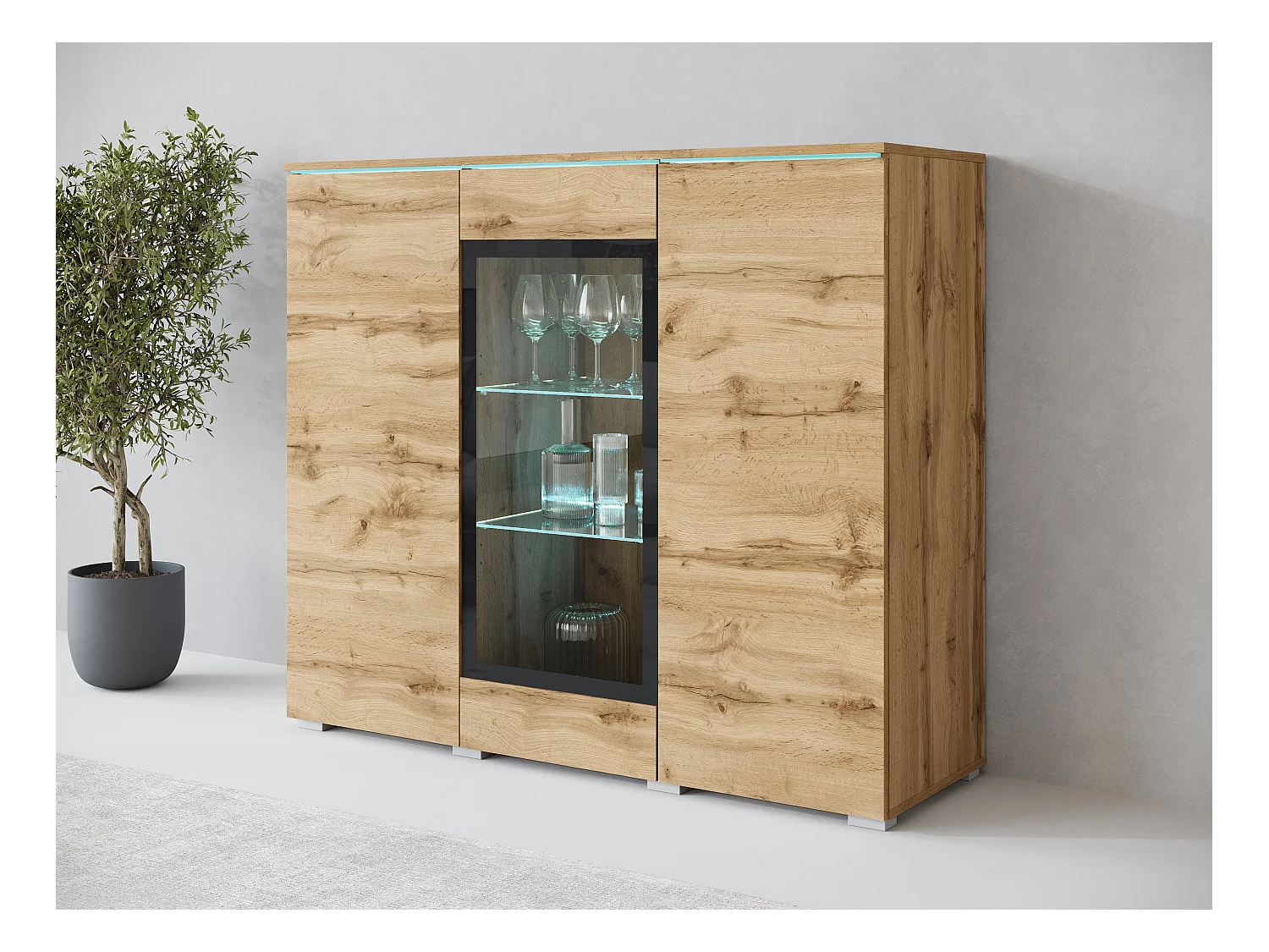Vitrine haute moderne 120 cm pour salon avec LED, 3 portes, chêne wotan