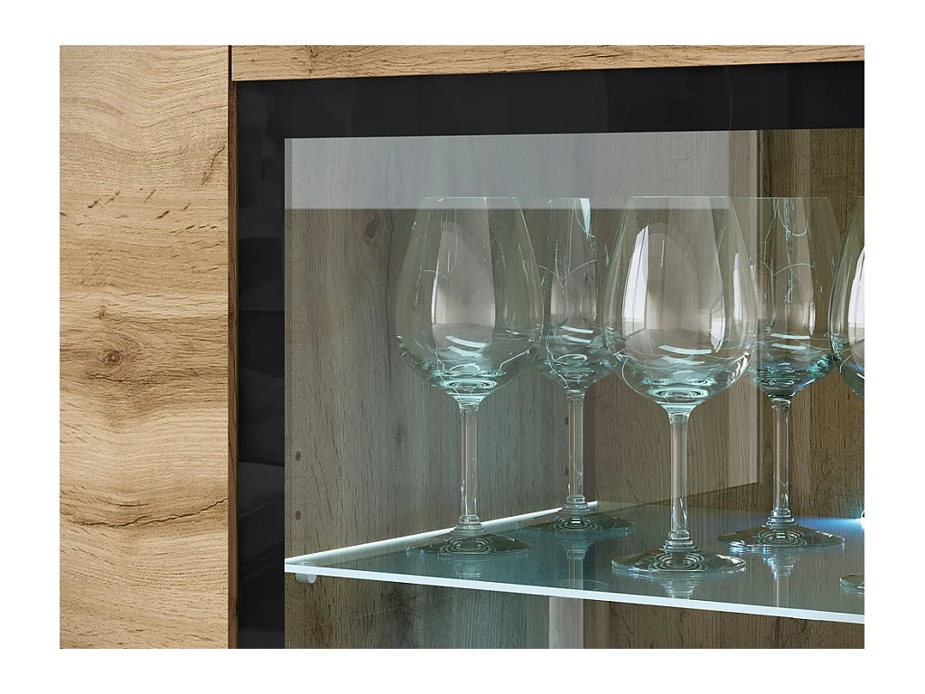 Vitrine haute moderne 120 cm pour salon avec LED, 3 portes, chêne wotan