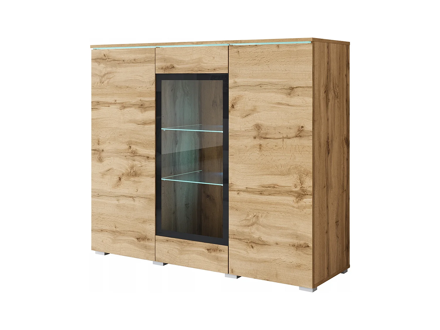 Vitrine haute moderne 120 cm pour salon avec LED, 3 portes, chêne wotan