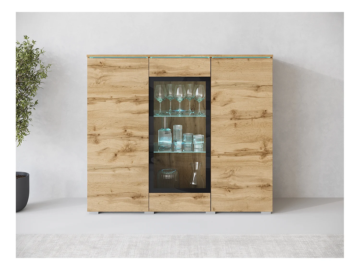 Vitrine haute moderne 120 cm pour salon avec LED, 3 portes, chêne wotan
