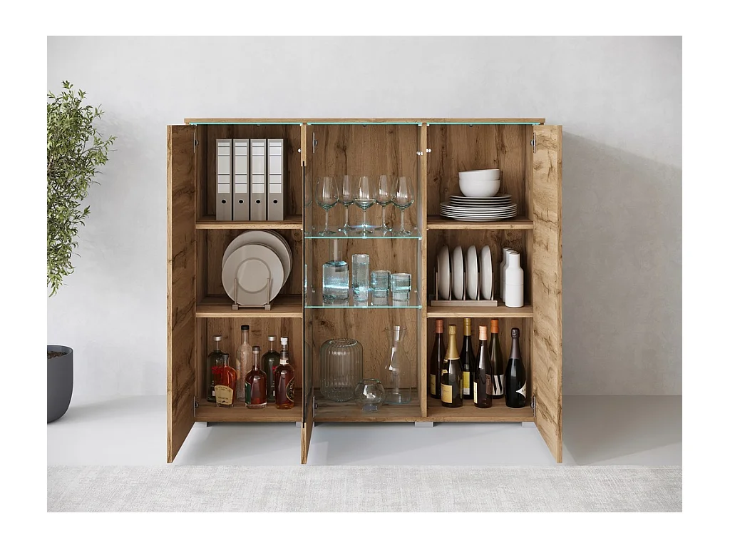 Vitrine haute moderne 120 cm pour salon avec LED, 3 portes, chêne wotan