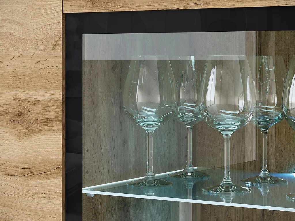 Vitrina alta moderna 120 cm para salón con LED, 3 puertas, roble wotan