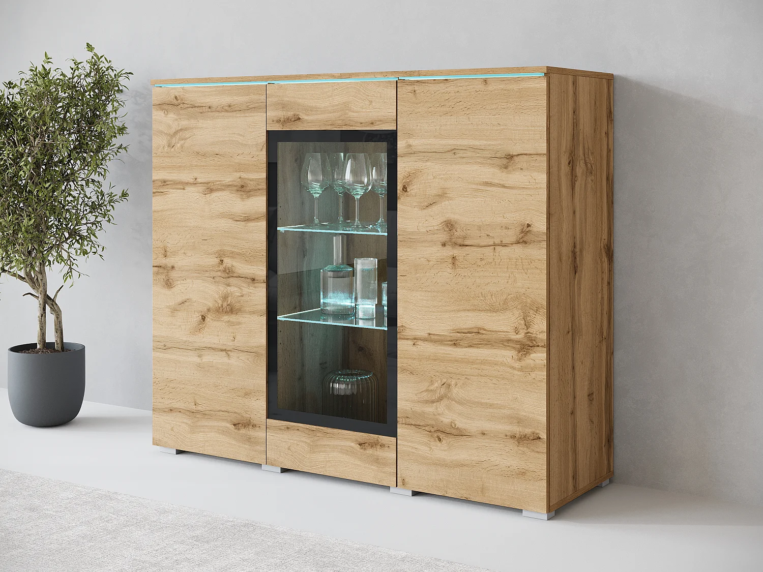 Vitrine haute moderne 120 cm pour salon avec LED, 3 portes, chêne wotan