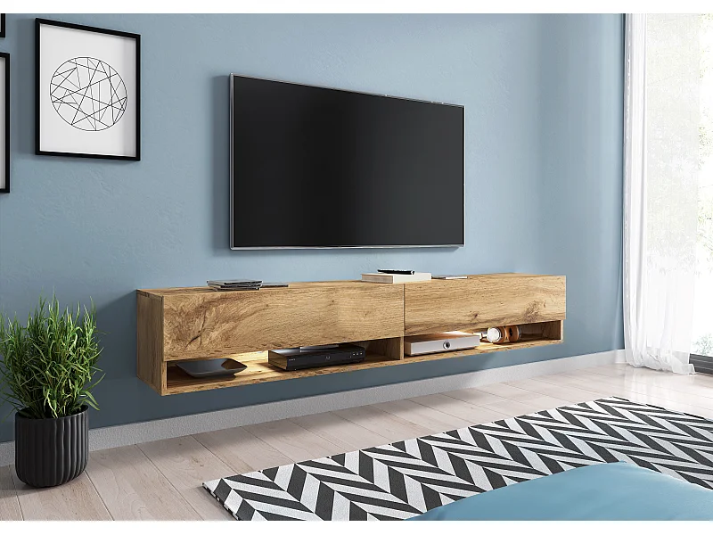 Nowoczesna szafka RTV 180 cm z LED – bezuchwytowa dąb wotan stojąca lub wisząca