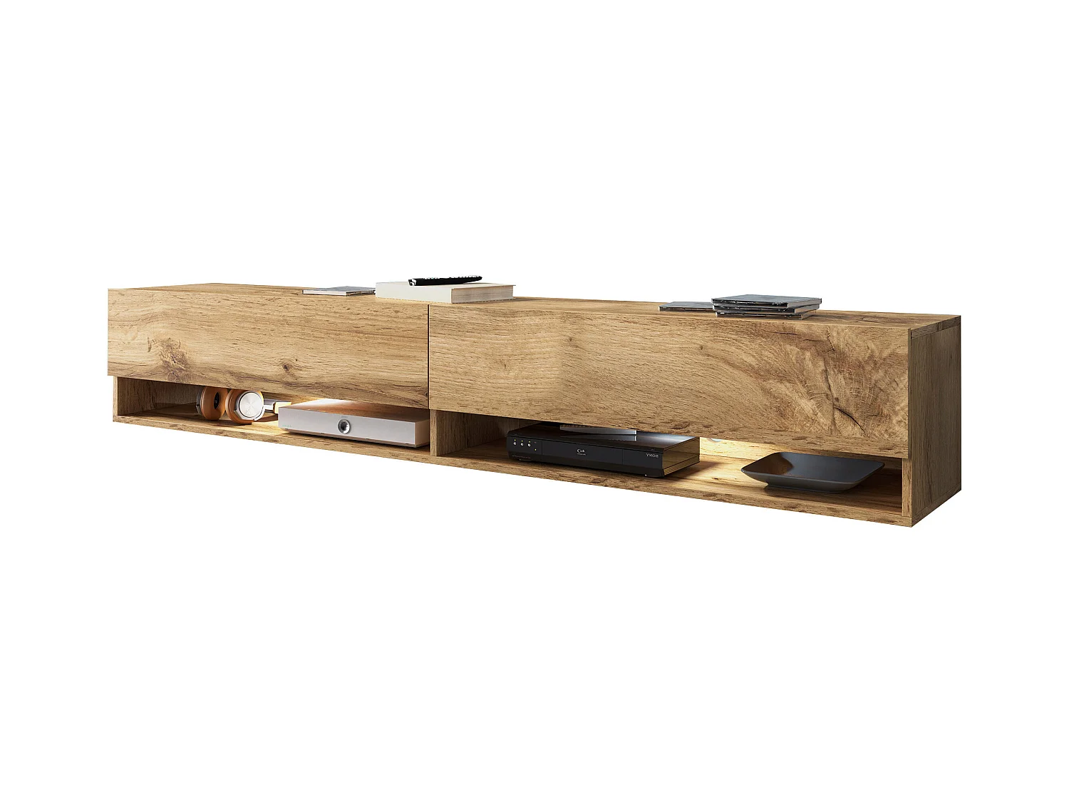 Meuble TV moderne 180 cm avec LED sans poignées – chêne Wotan suspendu ou posé