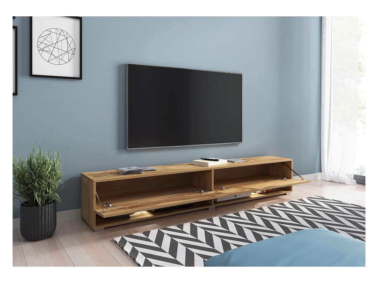 Nowoczesna szafka RTV 180 cm z LED – bezuchwytowa dąb wotan stojąca lub wisząca