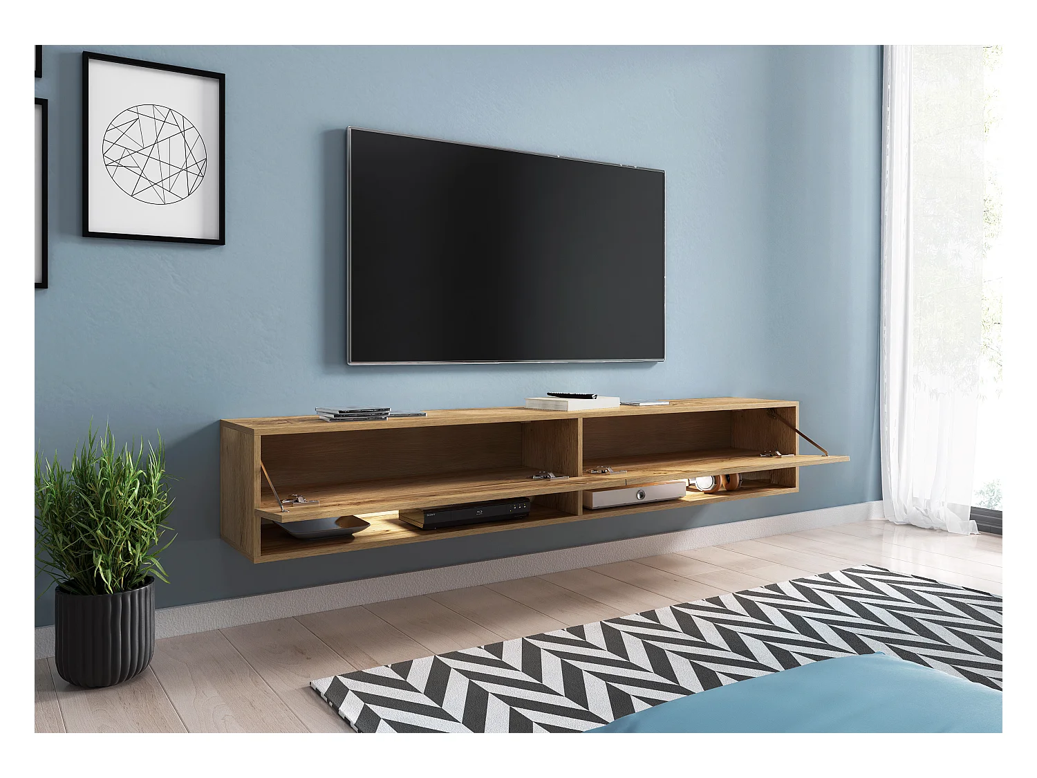 Nowoczesna szafka RTV 180 cm z LED – bezuchwytowa dąb wotan stojąca lub wisząca