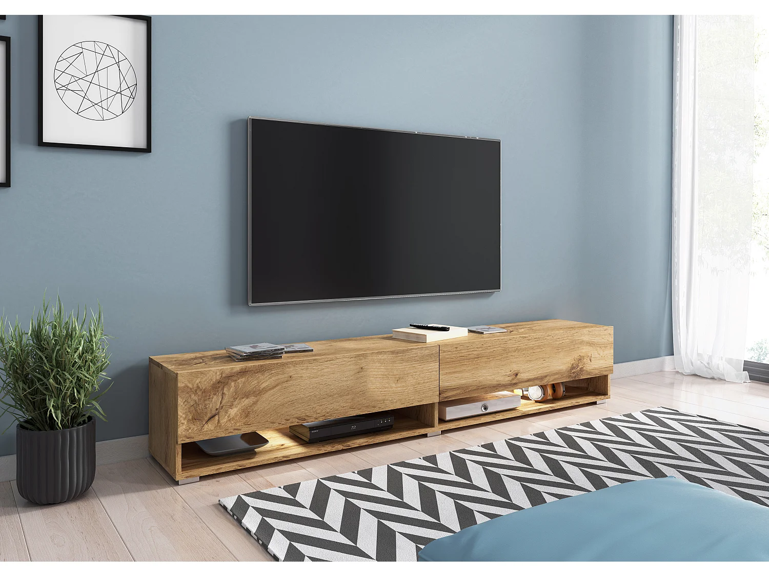 Nowoczesna szafka RTV 180 cm z LED – bezuchwytowa dąb wotan stojąca lub wisząca