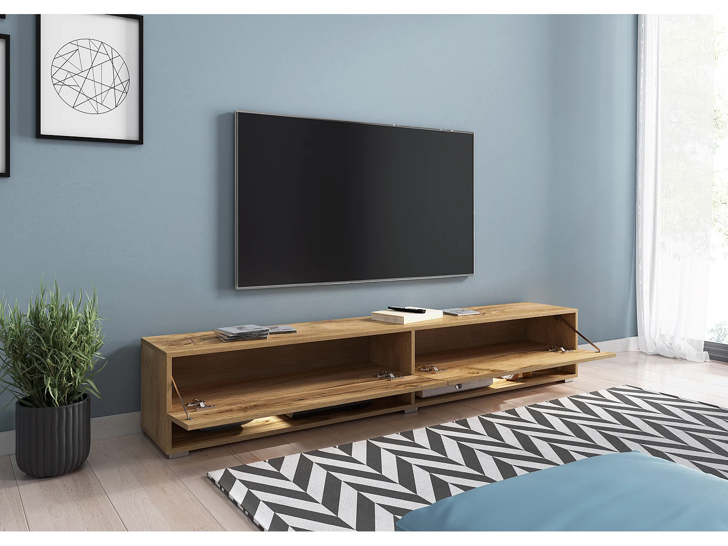 Nowoczesna szafka RTV 180 cm z LED – bezuchwytowa dąb wotan stojąca lub wisząca