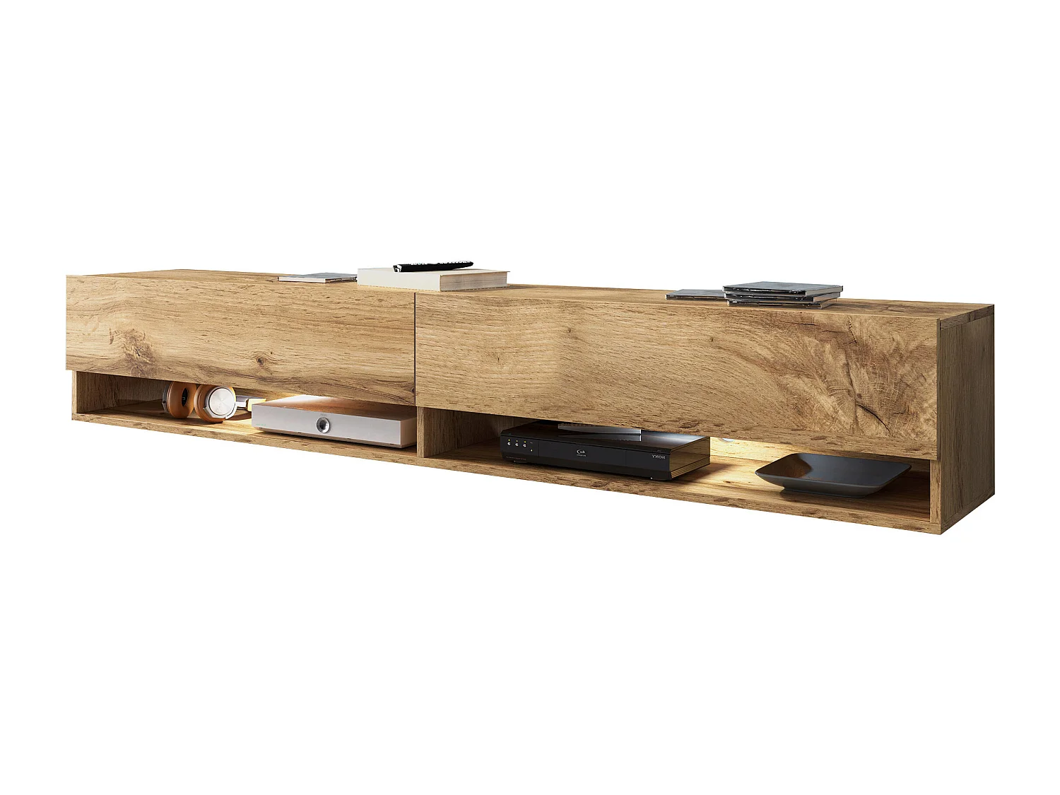 Meuble TV moderne 180 cm avec LED sans poignées – chêne Wotan suspendu ou posé