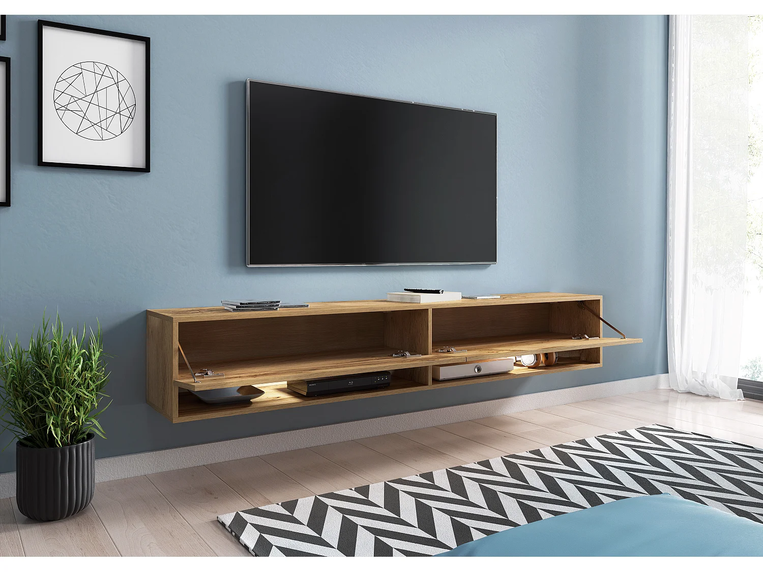 Meuble TV moderne 180 cm avec LED sans poignées – chêne Wotan suspendu ou posé