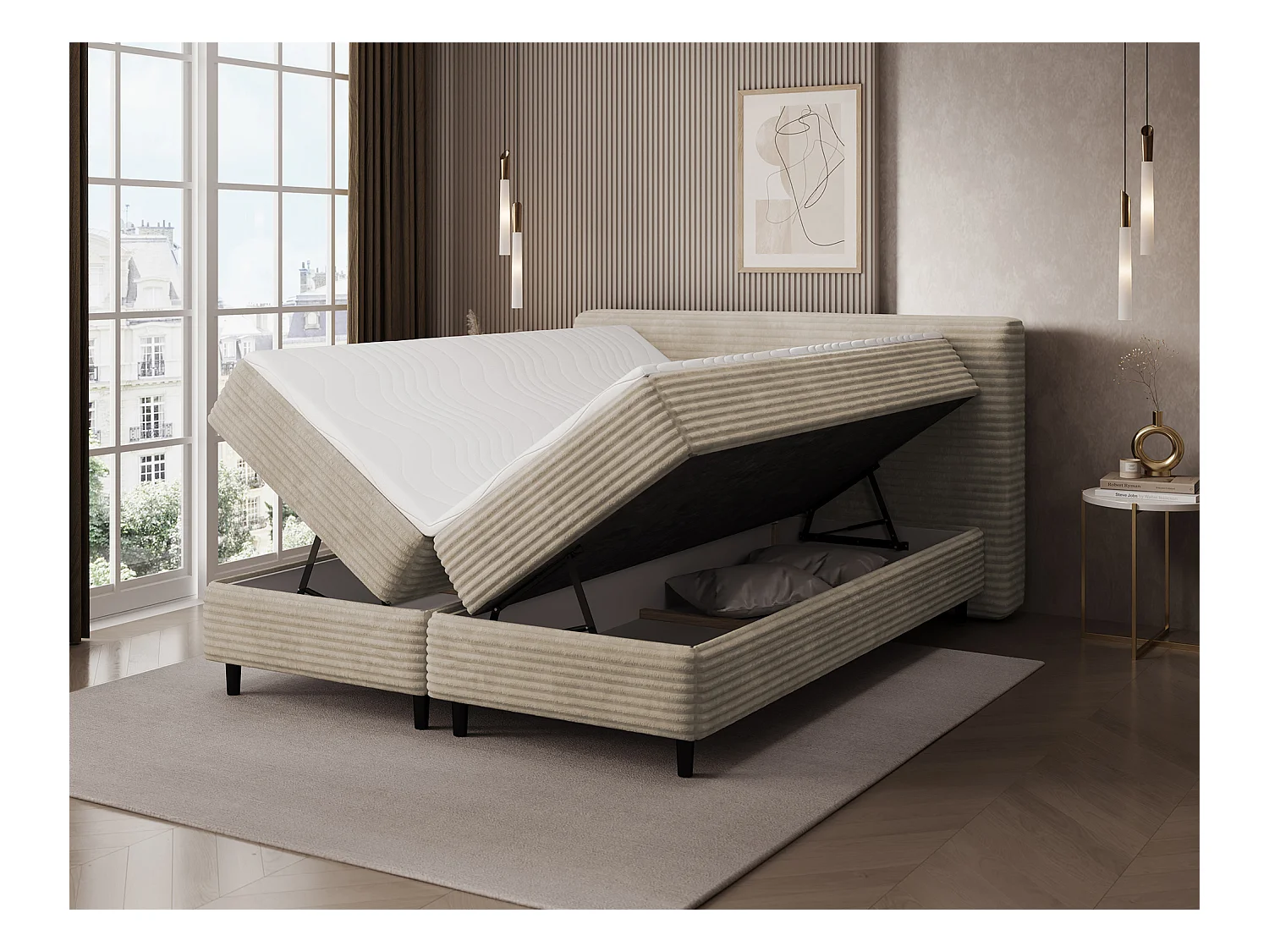 Letto a molle Magnolia/letto contenitore/fodera in tessuto felpato/Beige