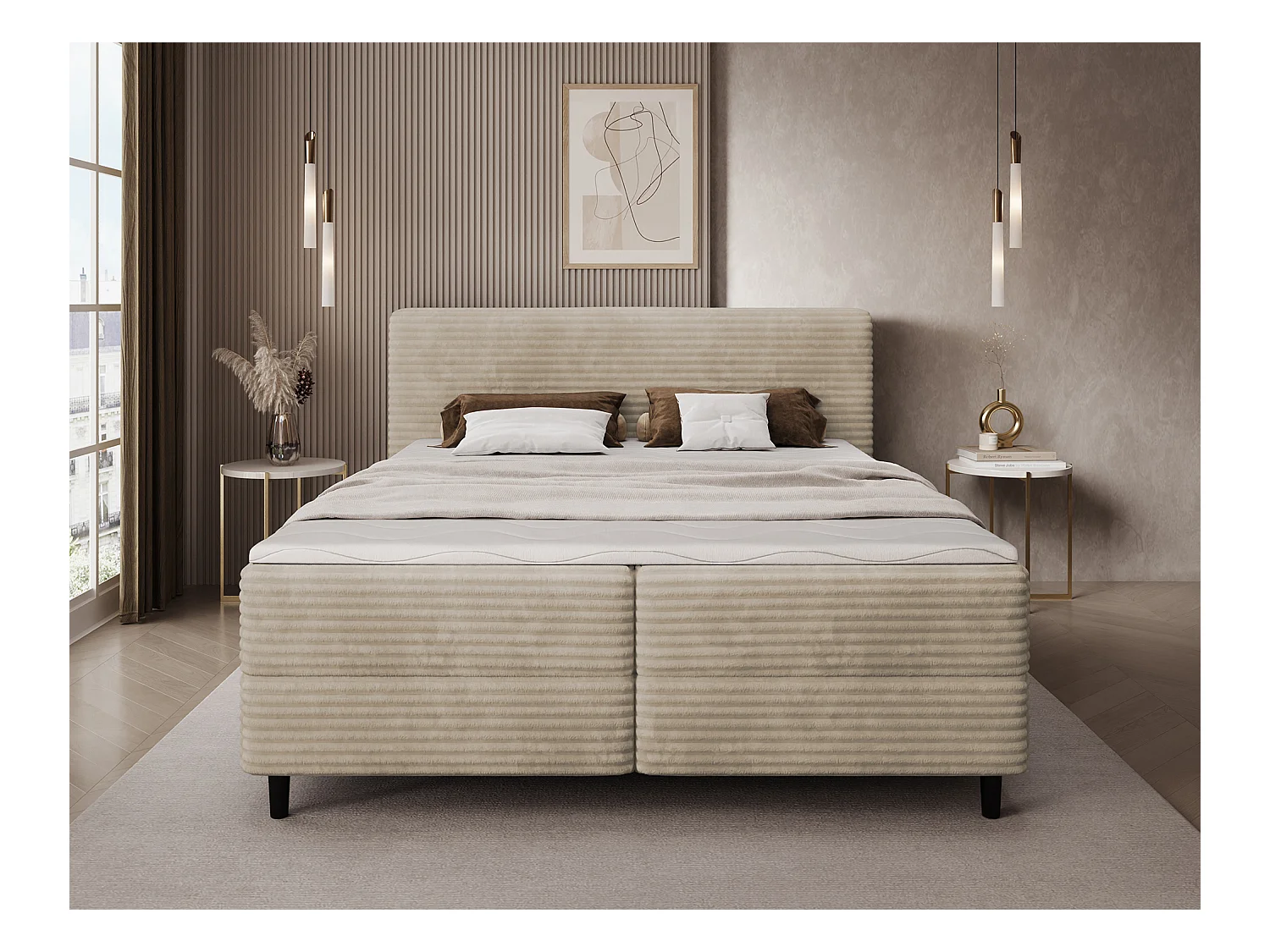Letto a molle Magnolia/letto contenitore/fodera in tessuto felpato/Beige