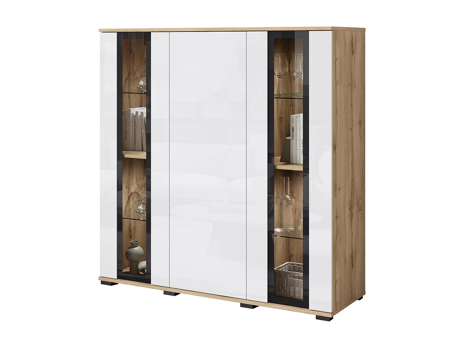 Nowoczesny highboard 120 cm z LED – wysoka witryna do salonu z przeszkleniami, korpus dąb wotan fronty biały połysk