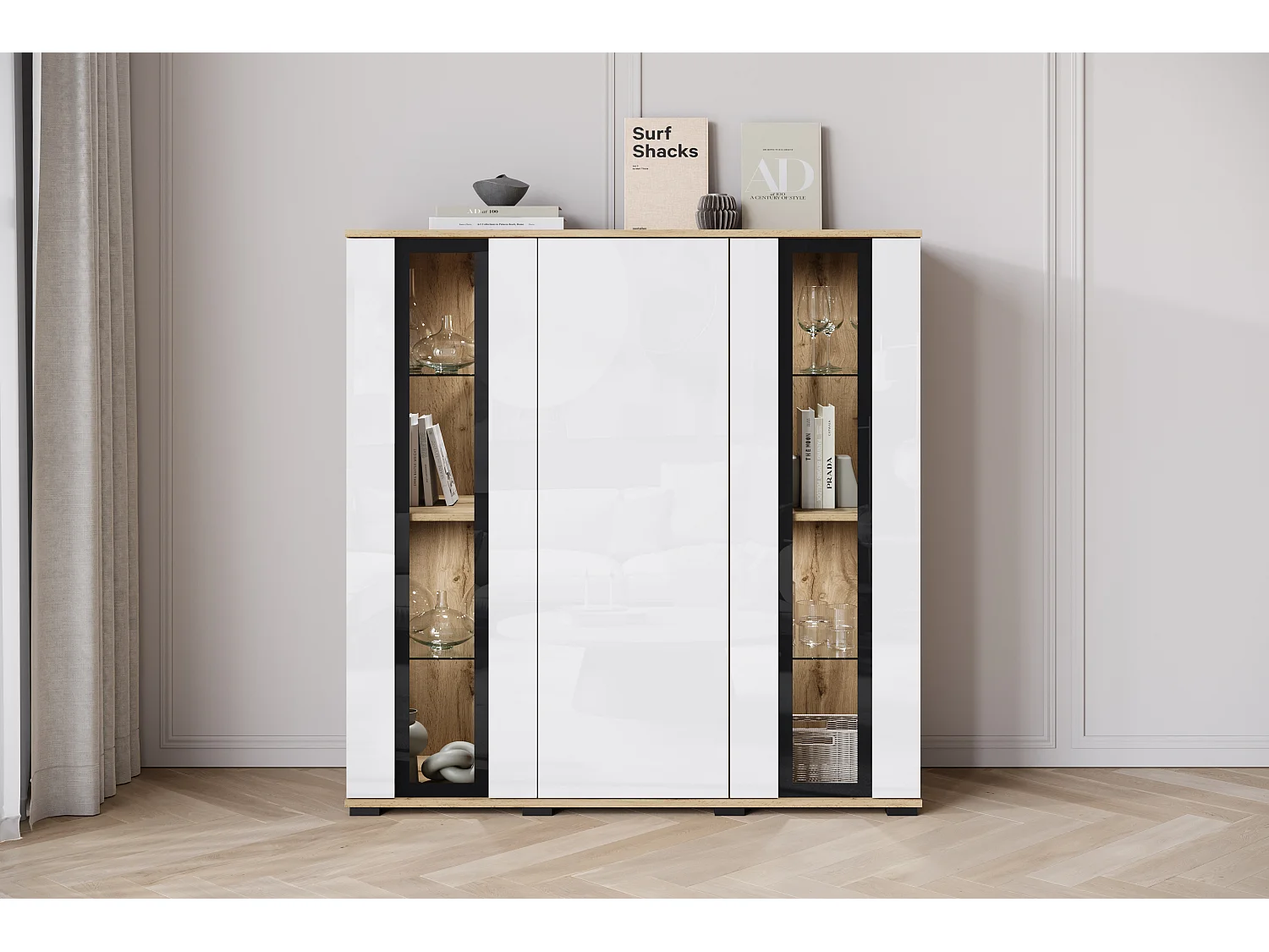 Nowoczesny highboard 120 cm z LED – wysoka witryna do salonu z przeszkleniami, korpus dąb wotan fronty biały połysk