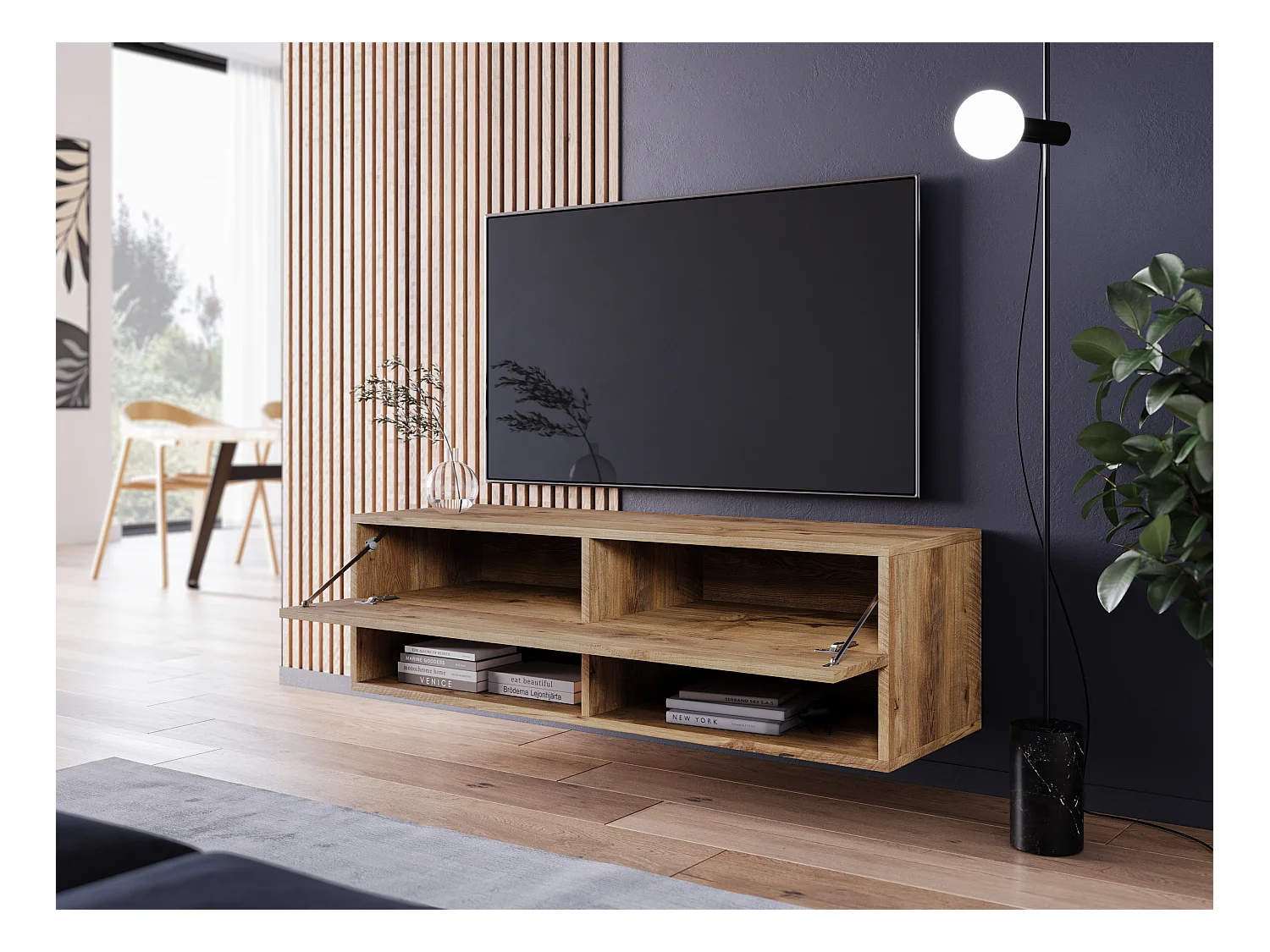 Meuble TV moderne 100 cm avec LED – sans poignées, châtaignier, au sol ou suspendu