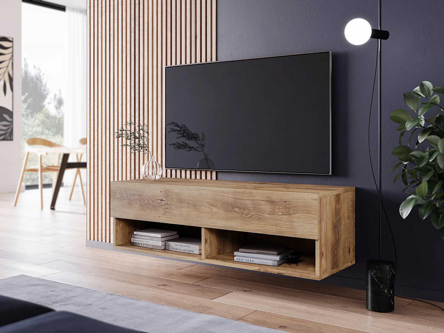 Móvel de TV moderno 100 cm com LED – sem puxadores, castanheiro, de chão ou suspenso