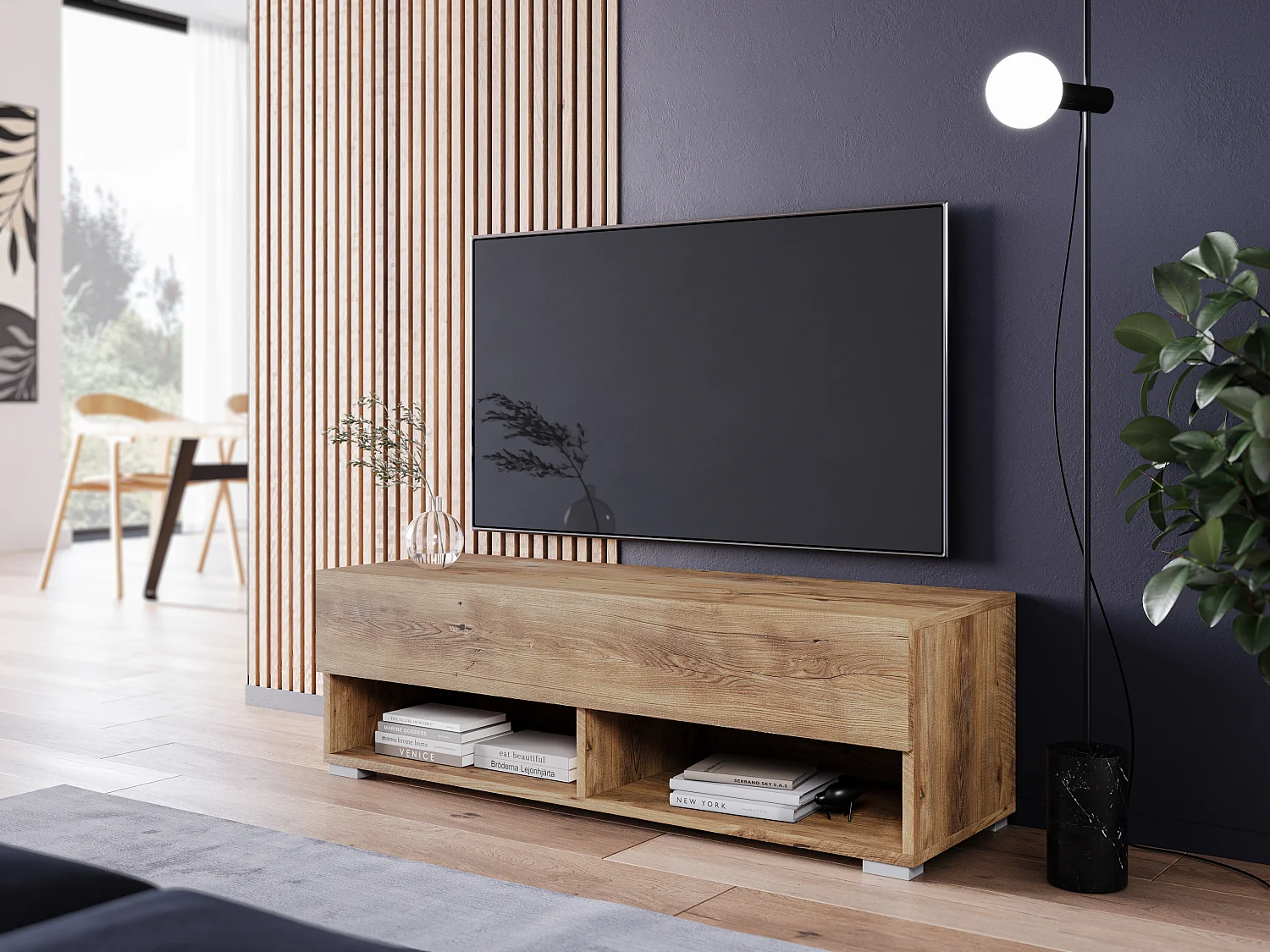 Móvel de TV moderno 100 cm com LED – sem puxadores, castanheiro, de chão ou suspenso