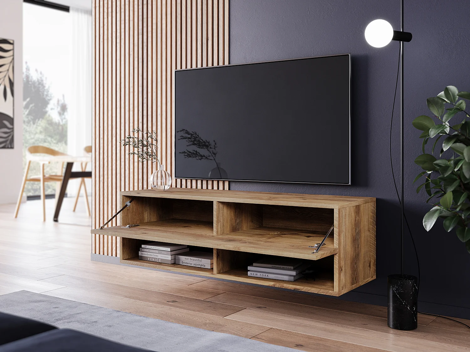 Móvel de TV moderno 100 cm com LED – sem puxadores, castanheiro, de chão ou suspenso