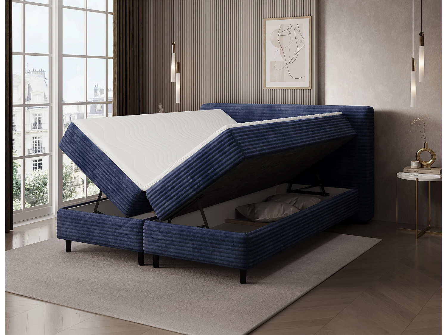Letto a molle Magnolia/letto contenitore/fodera in tessuto felpato/Blu