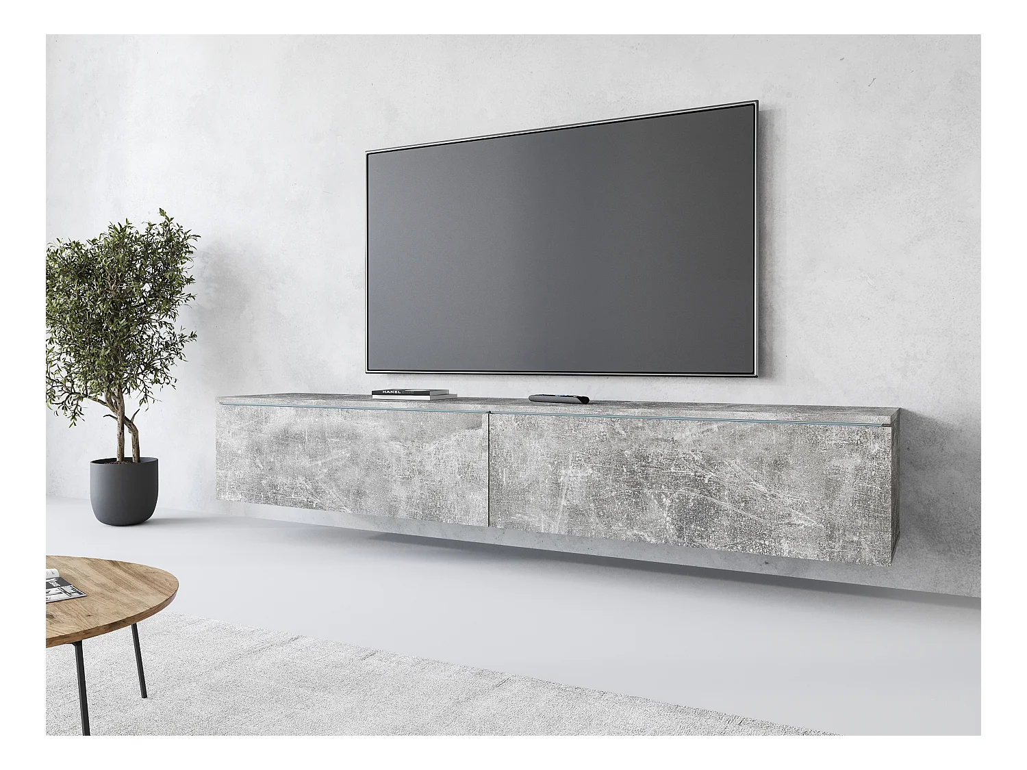 Meuble TV moderne 180 cm pour salon avec LED – 2 portes, sans poignées, béton mat, à poser ou à suspendre