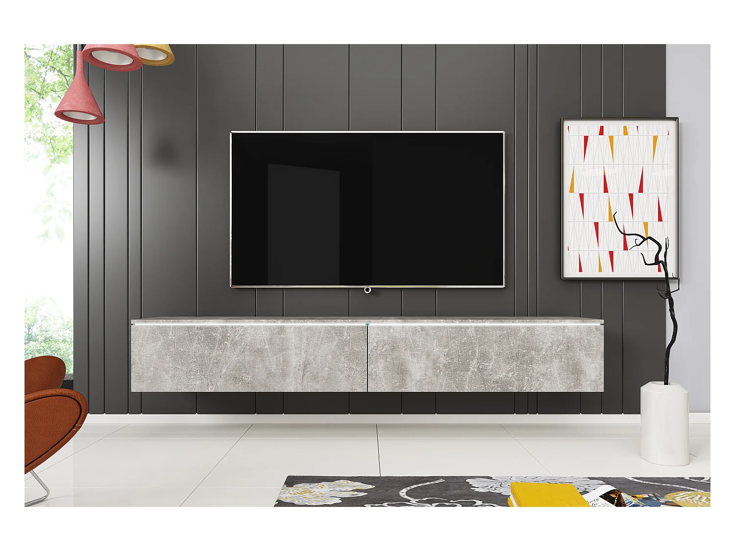 Meuble TV moderne 180 cm pour salon avec LED – 2 portes, sans poignées, béton mat, à poser ou à suspendre