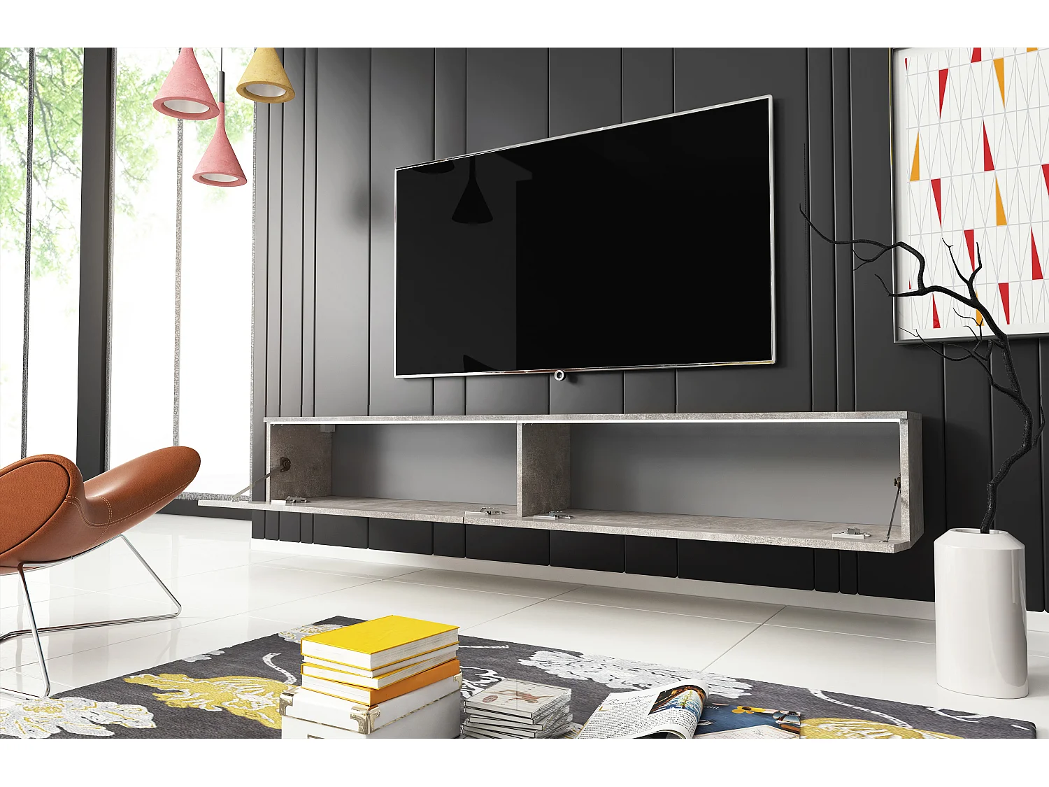 Nowoczesna szafka RTV 180 cm do salonu z LED – 2-drzwiowa, bezuchwytowa, beton mat, stojąca lub wisząca