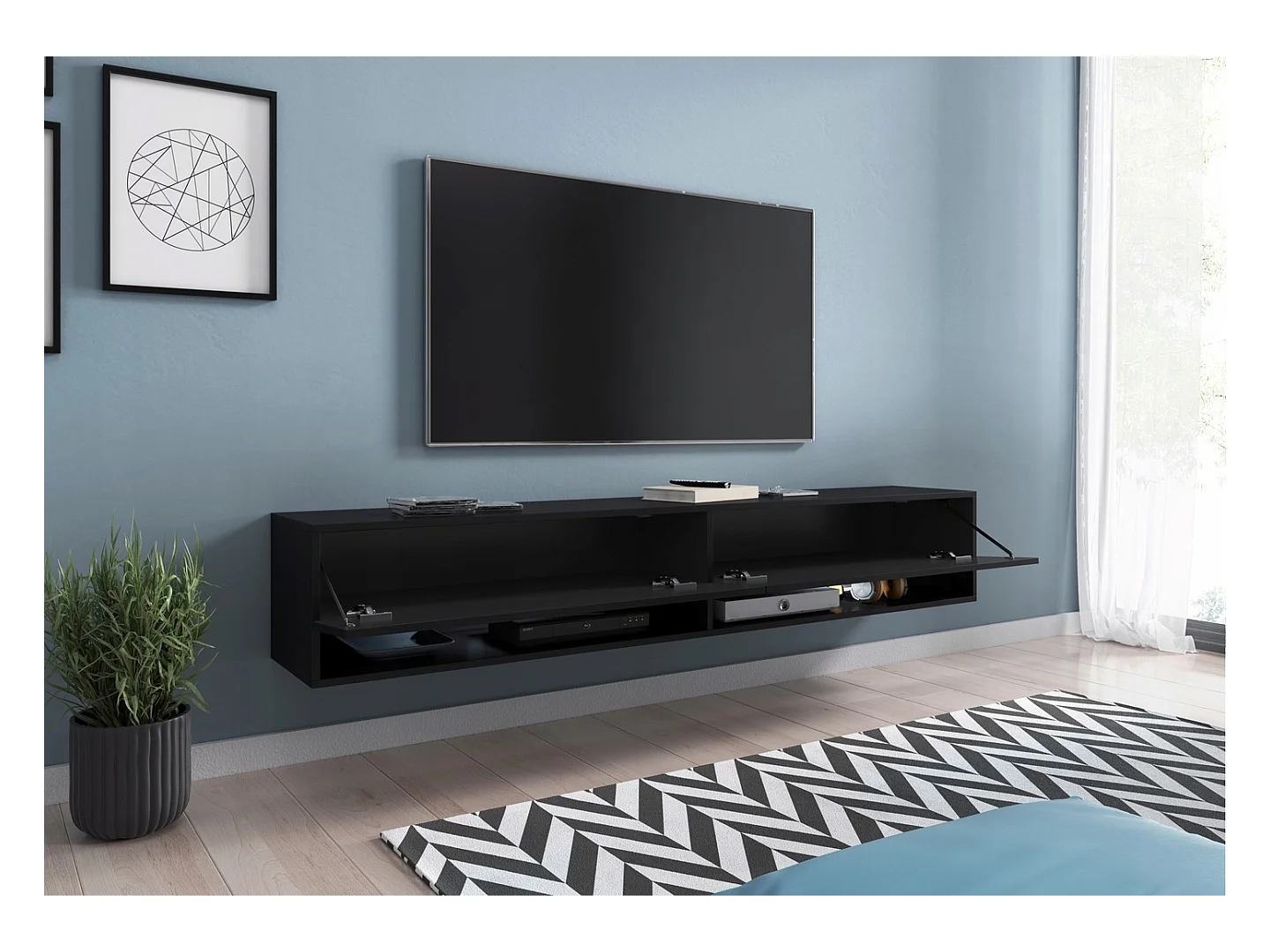 Meuble TV moderne 180 cm avec LED sans poignées – noir mat suspendu ou posé