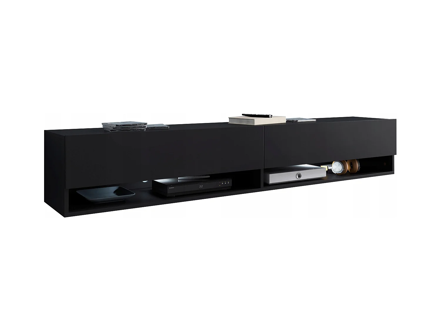Meuble TV moderne 180 cm avec LED sans poignées – noir mat suspendu ou posé