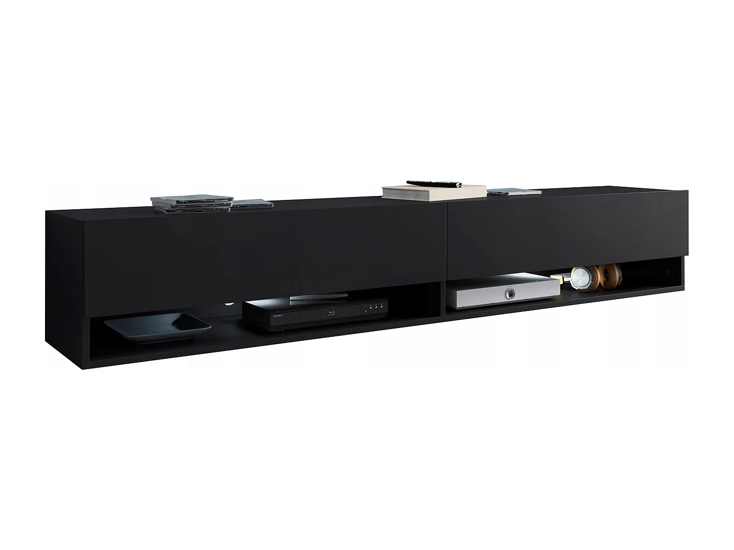Meuble TV moderne 180 cm avec LED sans poignées – noir mat suspendu ou posé