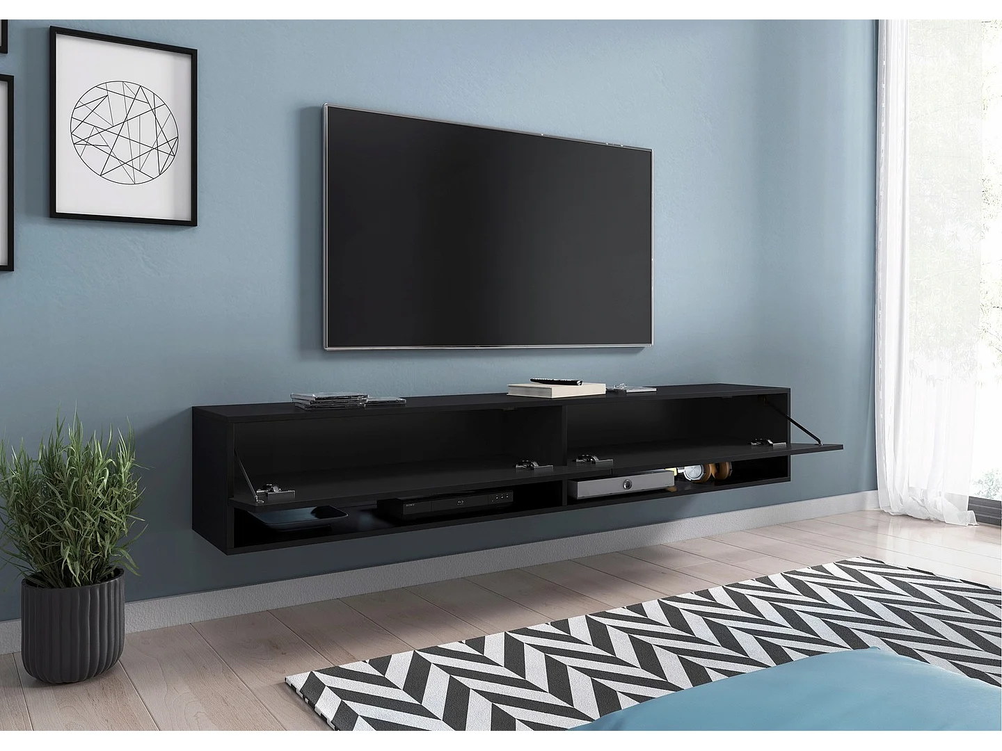 Meuble TV moderne 180 cm avec LED sans poignées – noir mat suspendu ou posé