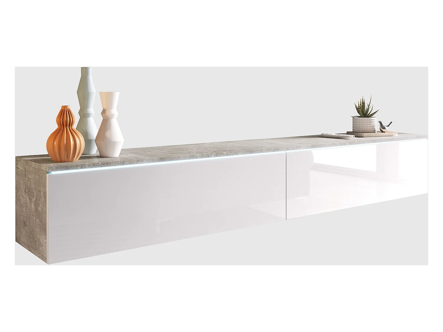 Meuble TV moderne 180 cm pour salon avec LED – 2 portes, sans poignées, caisson béton mat, façades blanc brillant, à poser ou à suspendre