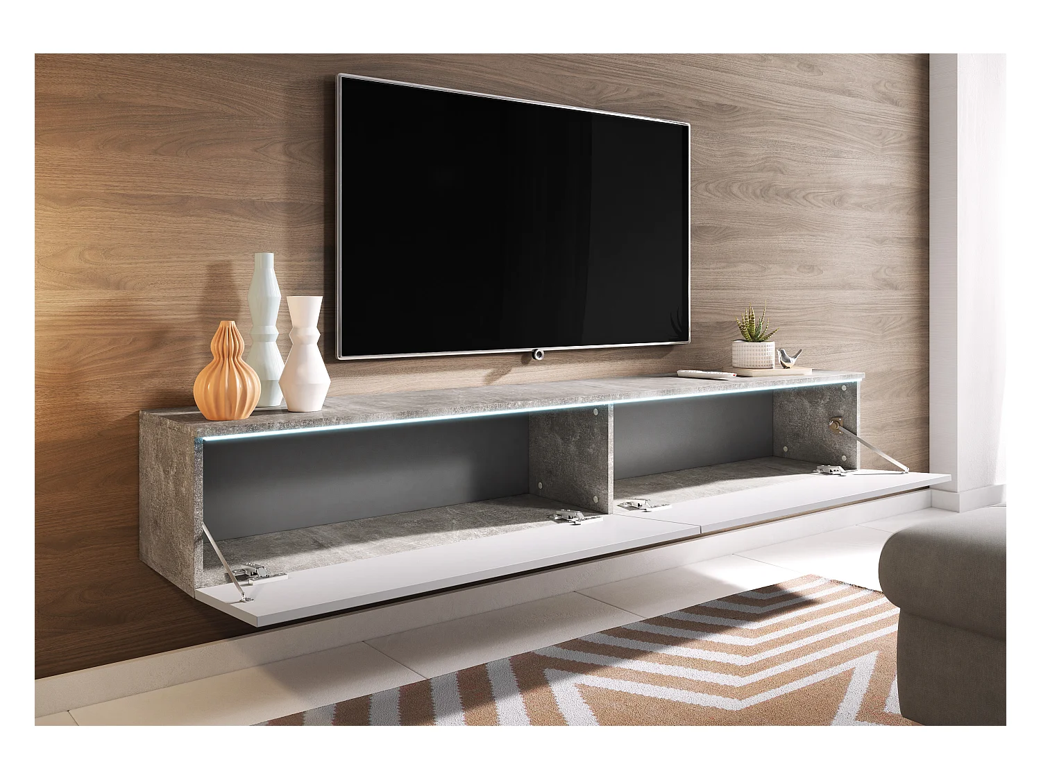 Meuble TV moderne 180 cm pour salon avec LED – 2 portes, sans poignées, caisson béton mat, façades blanc brillant, à poser ou à suspendre