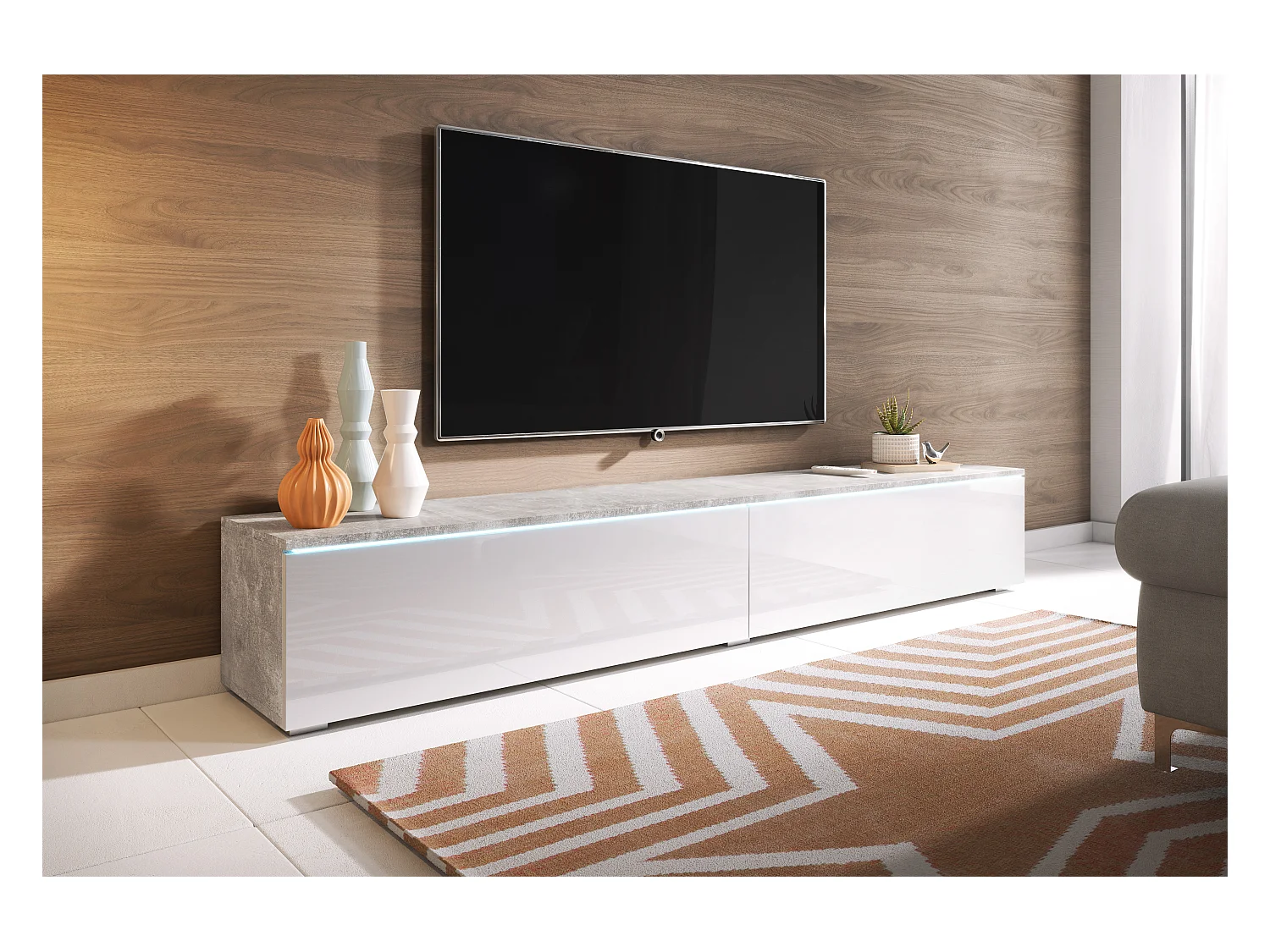 Nowoczesna szafka RTV 180 cm do salonu z LED – 2-drzwiowa, bezuchwytowa, korpus beton mat, fronty biały połysk, stojąca lub wisząca