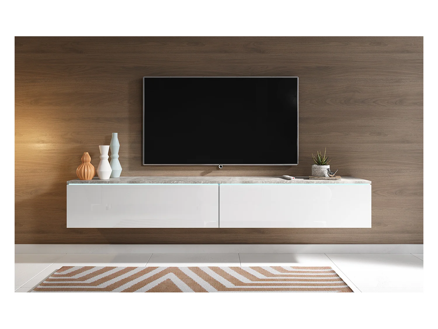 Nowoczesna szafka RTV 180 cm do salonu z LED – 2-drzwiowa, bezuchwytowa, korpus beton mat, fronty biały połysk, stojąca lub wisząca