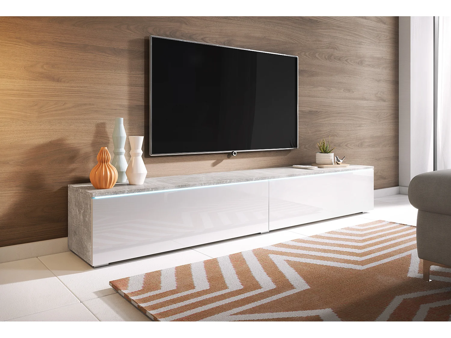 Móvel de TV moderno 180 cm para sala com LED – 2 portas, sem puxadores, corpo betão fosco, frentes branco brilho, de chão ou suspenso