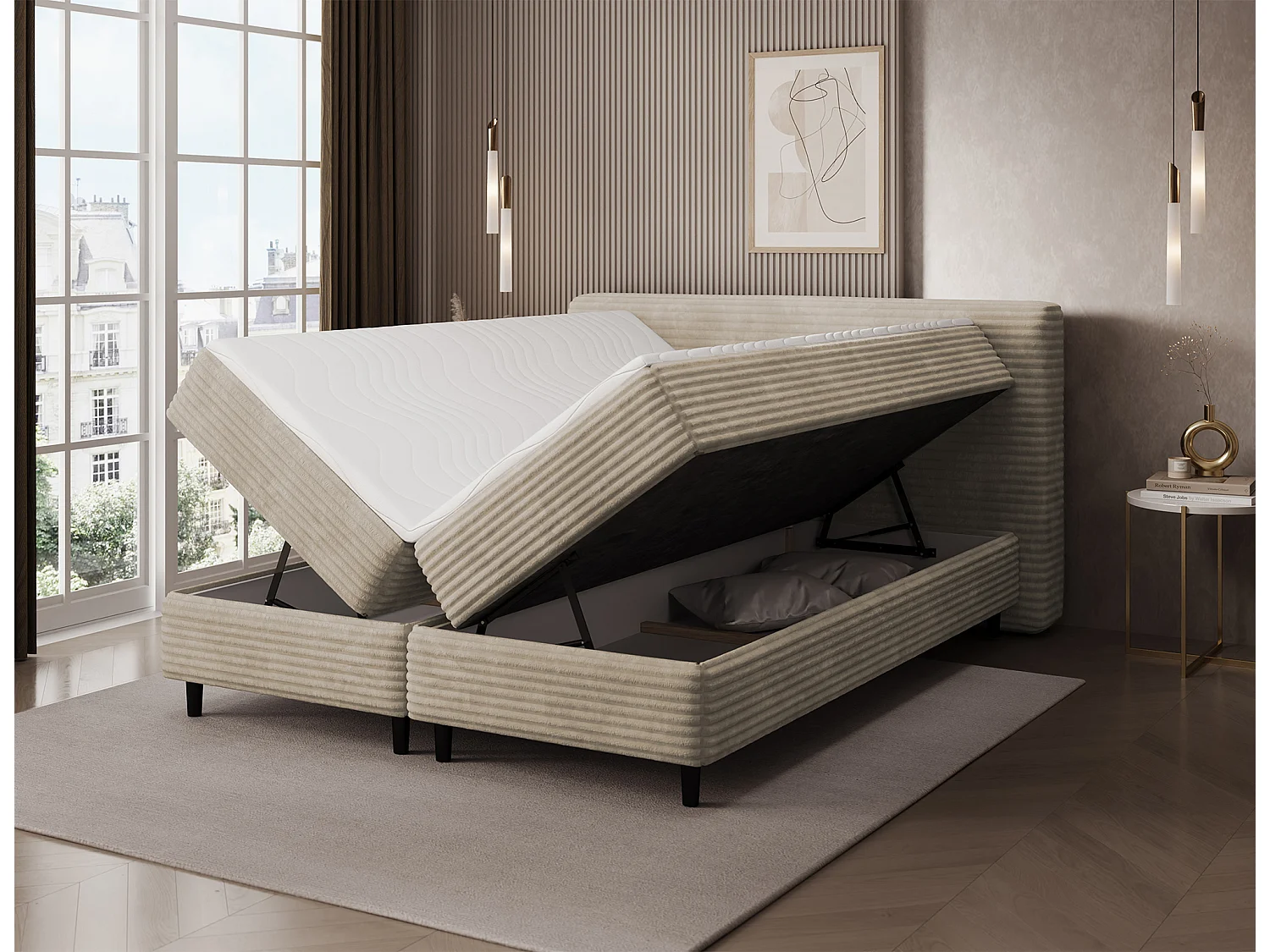 Box spring lit Magnolia/sommier tapissier/housse en tissu peluche/Beige