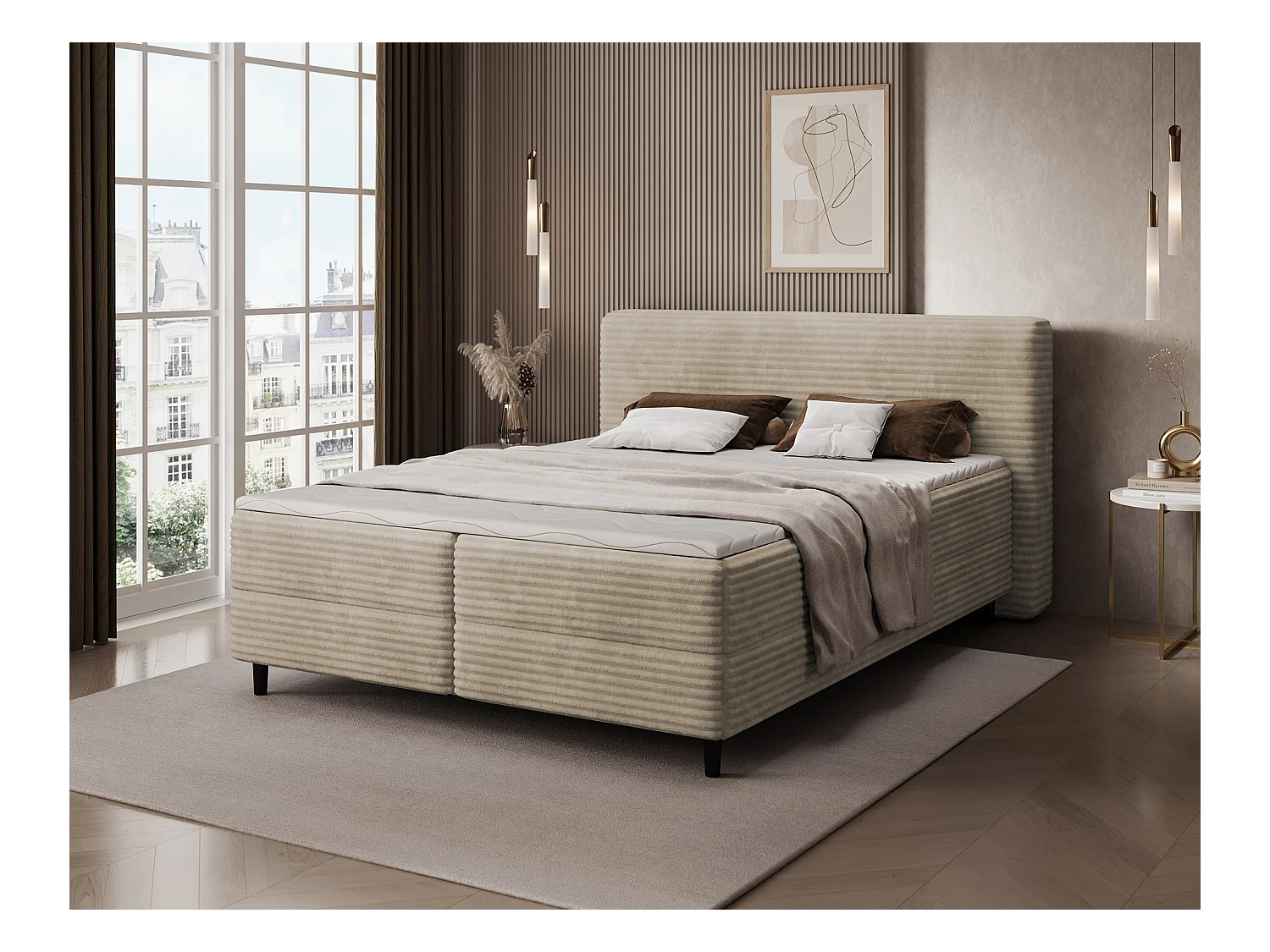 Box spring lit Magnolia/sommier tapissier/housse en tissu peluche/Beige