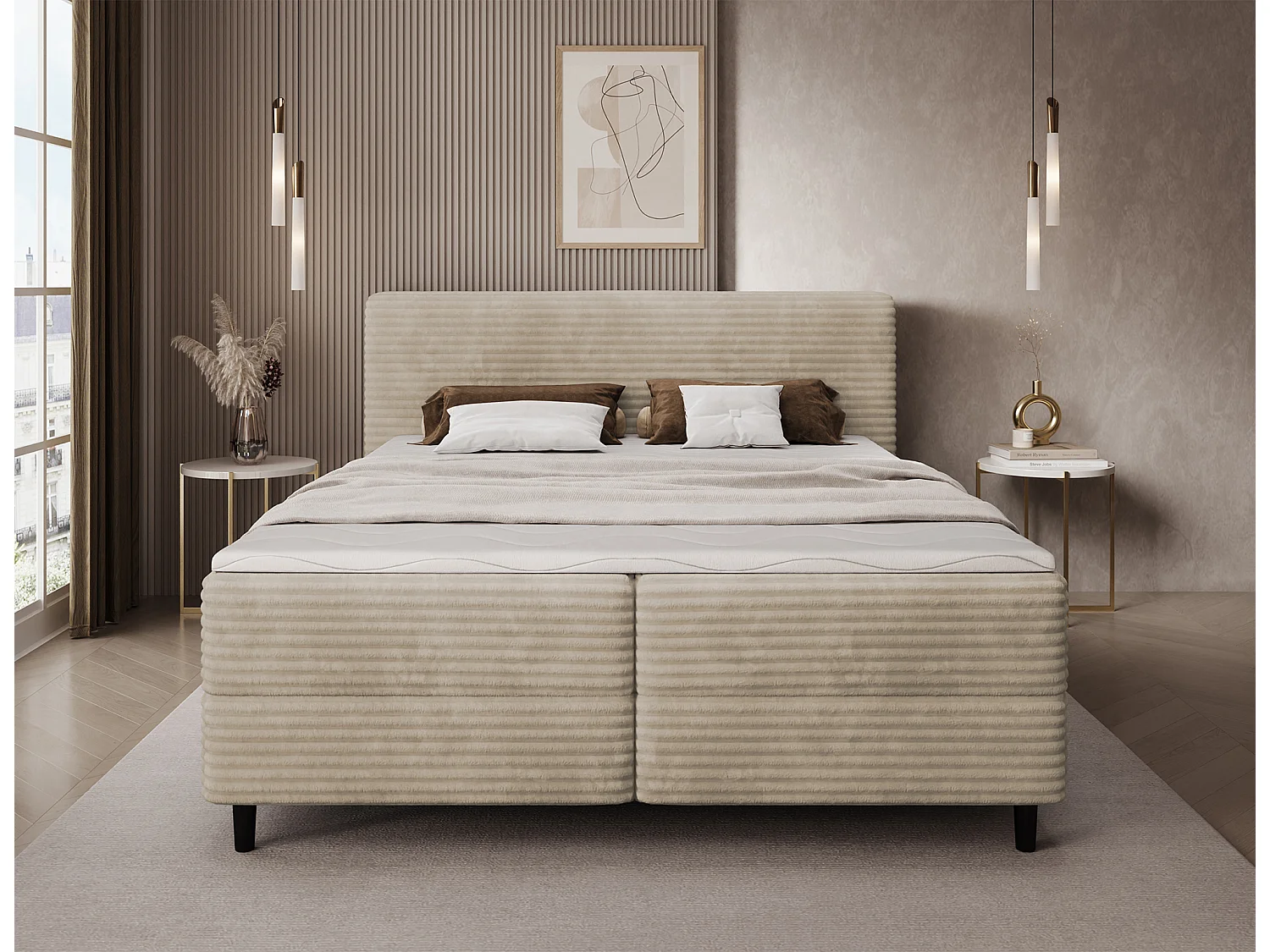 Box spring lit Magnolia/sommier tapissier/housse en tissu peluche/Beige