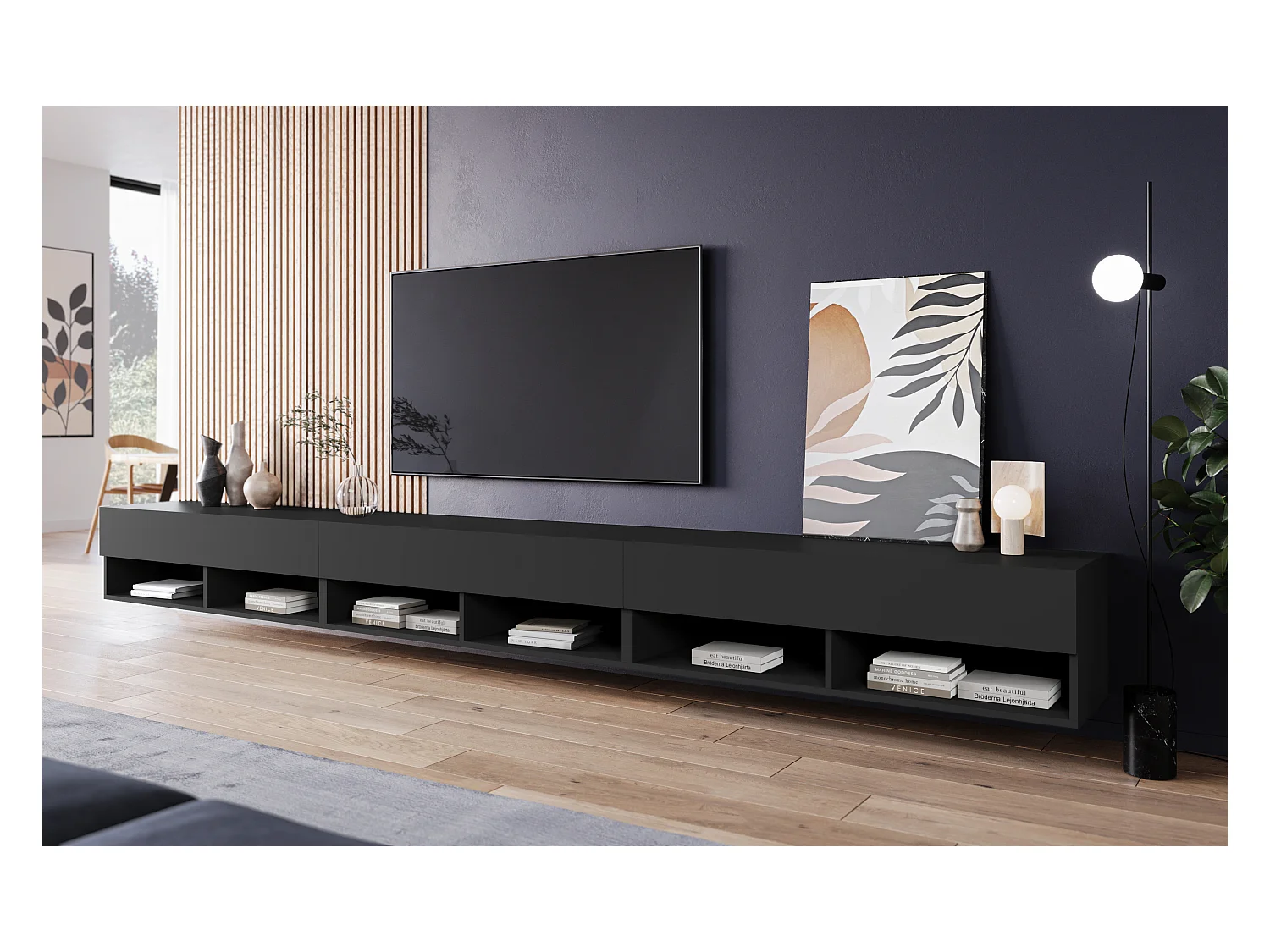 Móvel de TV moderno 300 cm com LED – sem puxadores, preto mate, suspenso ou de pé