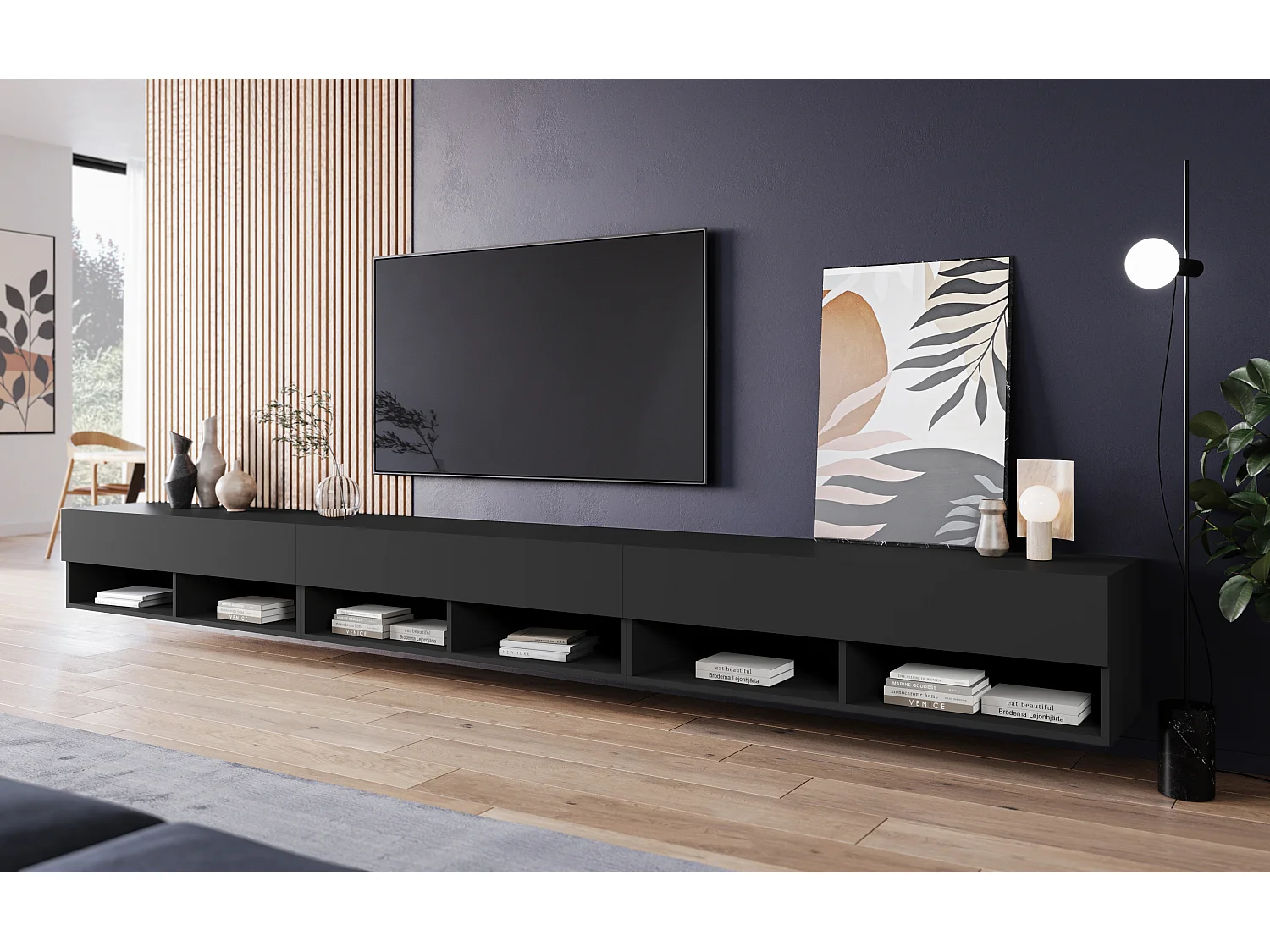 Nowoczesna szafka RTV 300 cm z LED – bezuchwytowa, czarny mat, stojąca lub wisząca